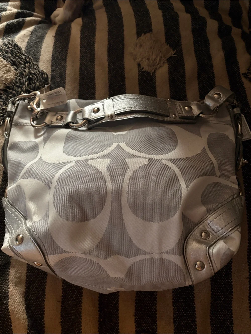 Coach Silver Signature Canvas Hobo with Metallic Trim NWT